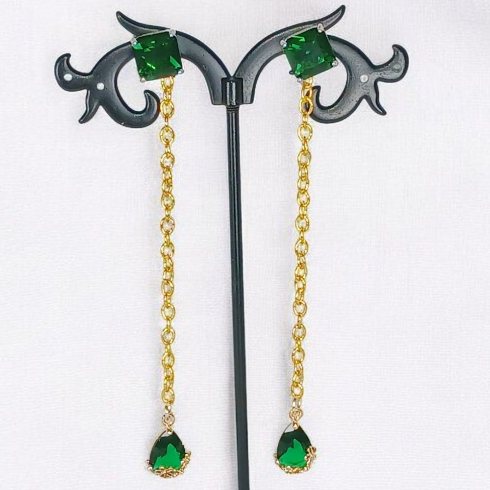 Gold Emerald Linear Drop Earrings Showgirl Modern Retro Glam Mod 1960s Tear Drop